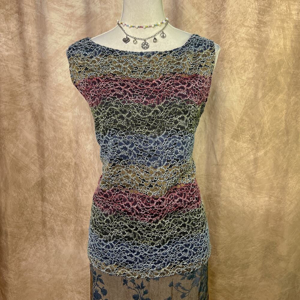 Vintage Y2K Floral Knit Top Multicolor Ombre Striped Wide Neck Sleeveless Boho